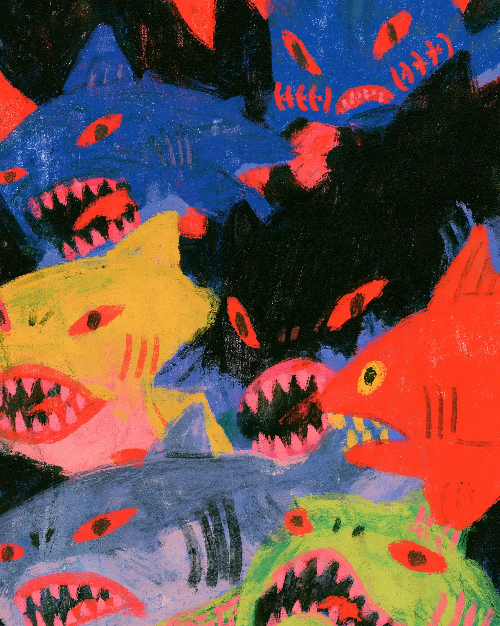 A crowded painting of sharks in red, yellow, blue, grey and green, all teeth and wide red eyes, drawn in crayon-like strokes on black.