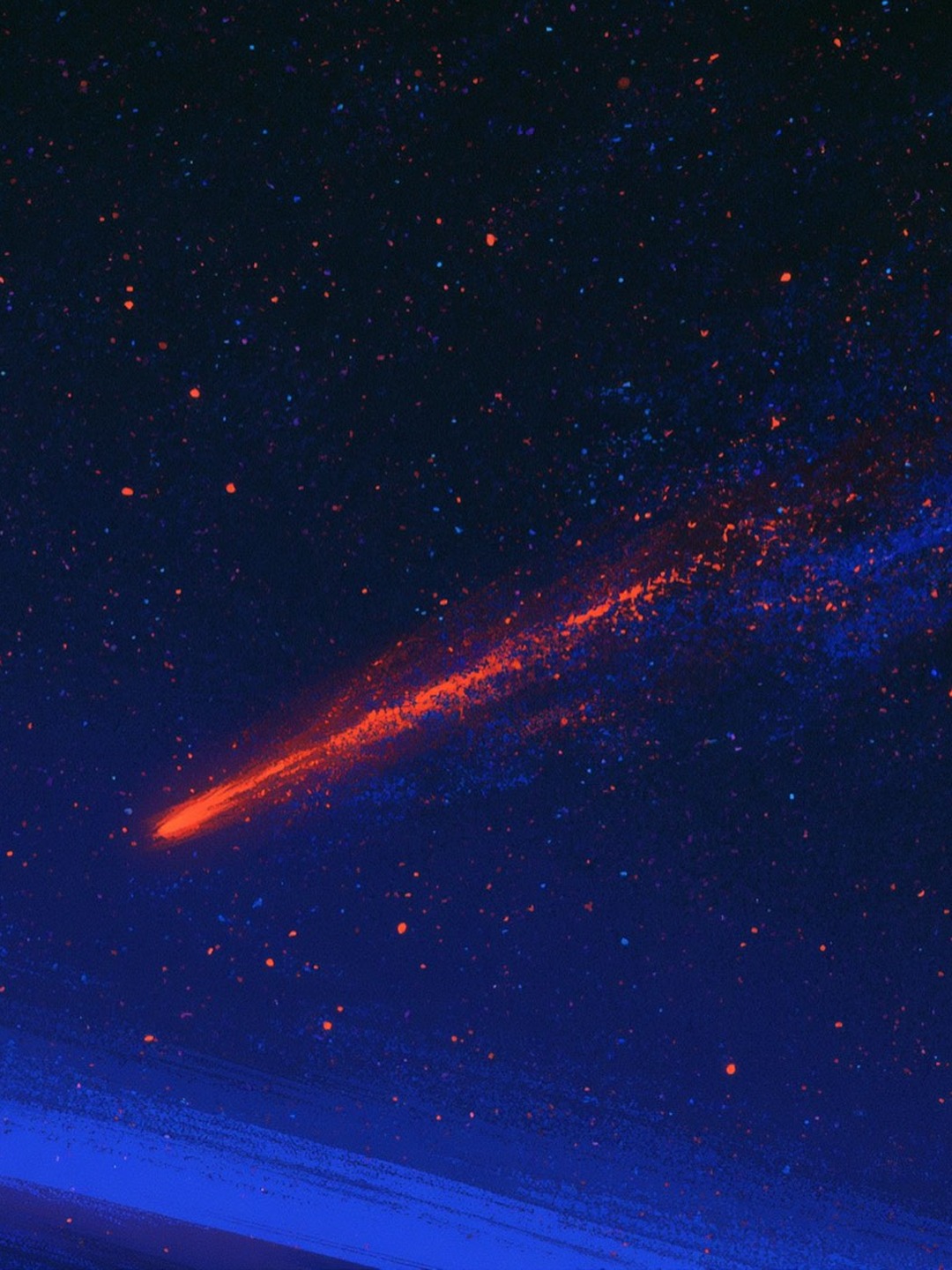 Detail of the tracker’s painted sky: an orange comet streaking through deep blue brushwork and stars.
