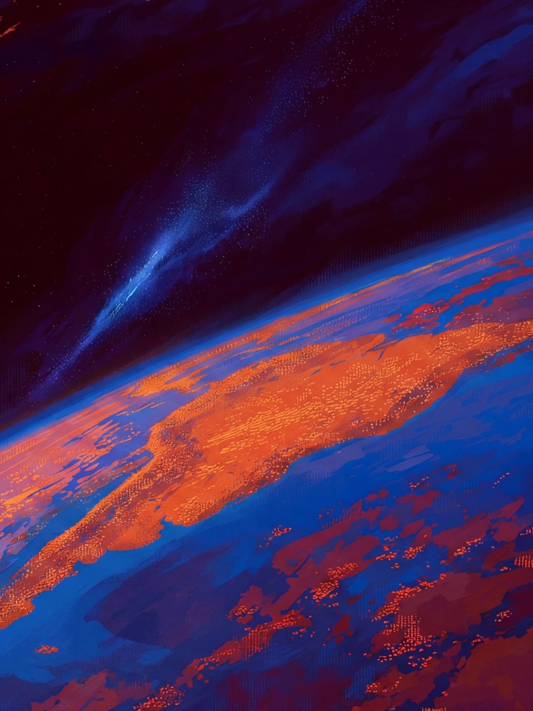 Detail of the report’s painted Earth: orange continents and blue ocean, with city lights painted as small dots.