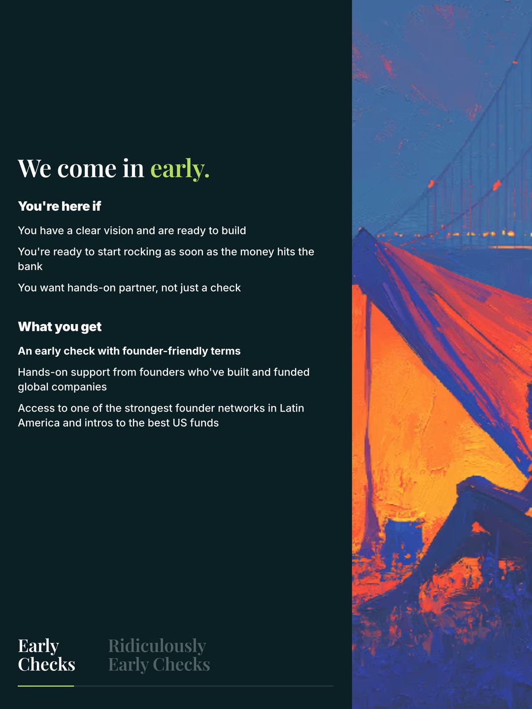A section of latitud.com: a serif heading and short lists set beside one of the site’s paintings.