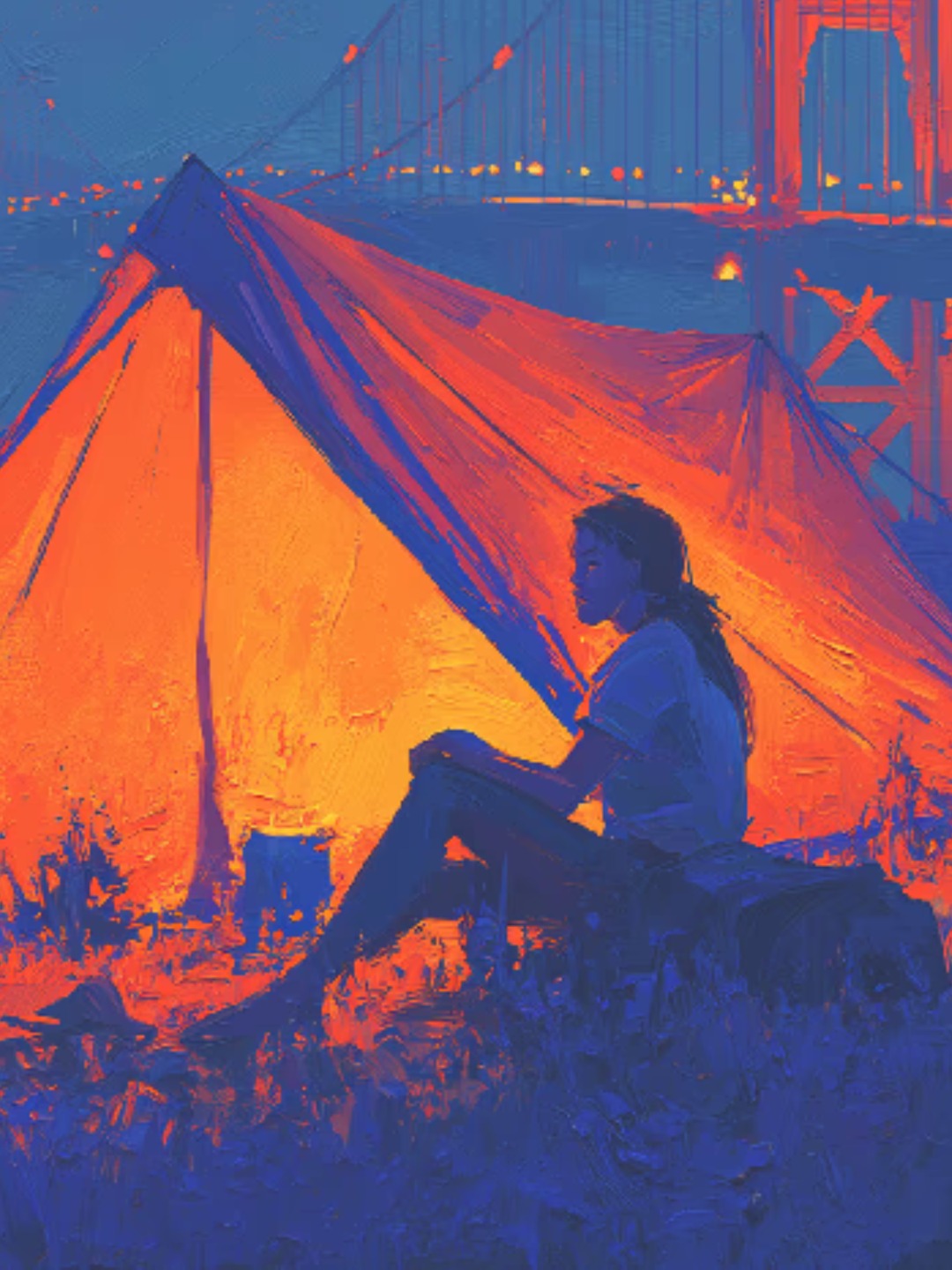 A painting from latitud.com: a figure beside a glowing orange tent under the Golden Gate Bridge, in orange and blue.