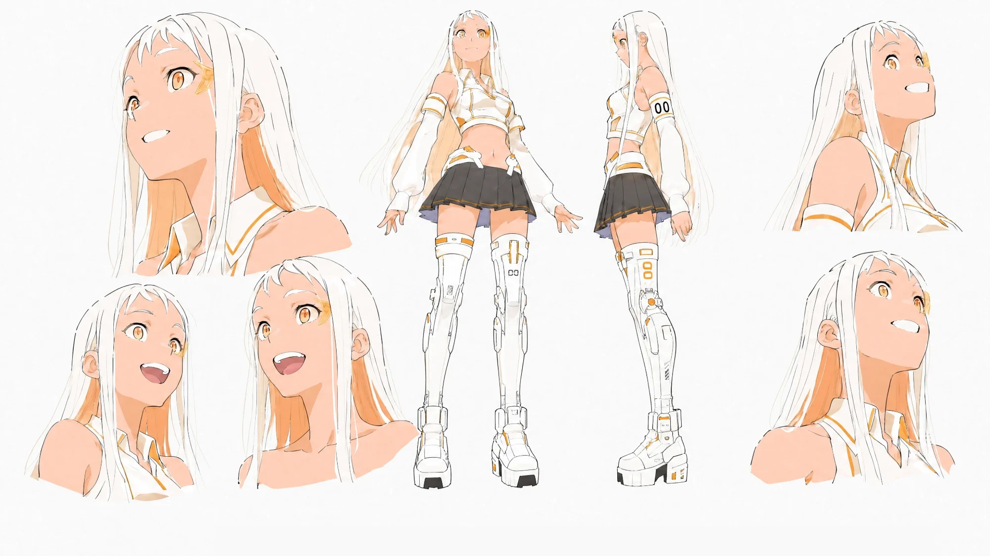 Foxglove’s character sheet: long white hair, golden eyes and a white outfit with orange accents and a 00 armband: front and side views in thigh-high armored boots, and five close-ups smiling, laughing and looking up.