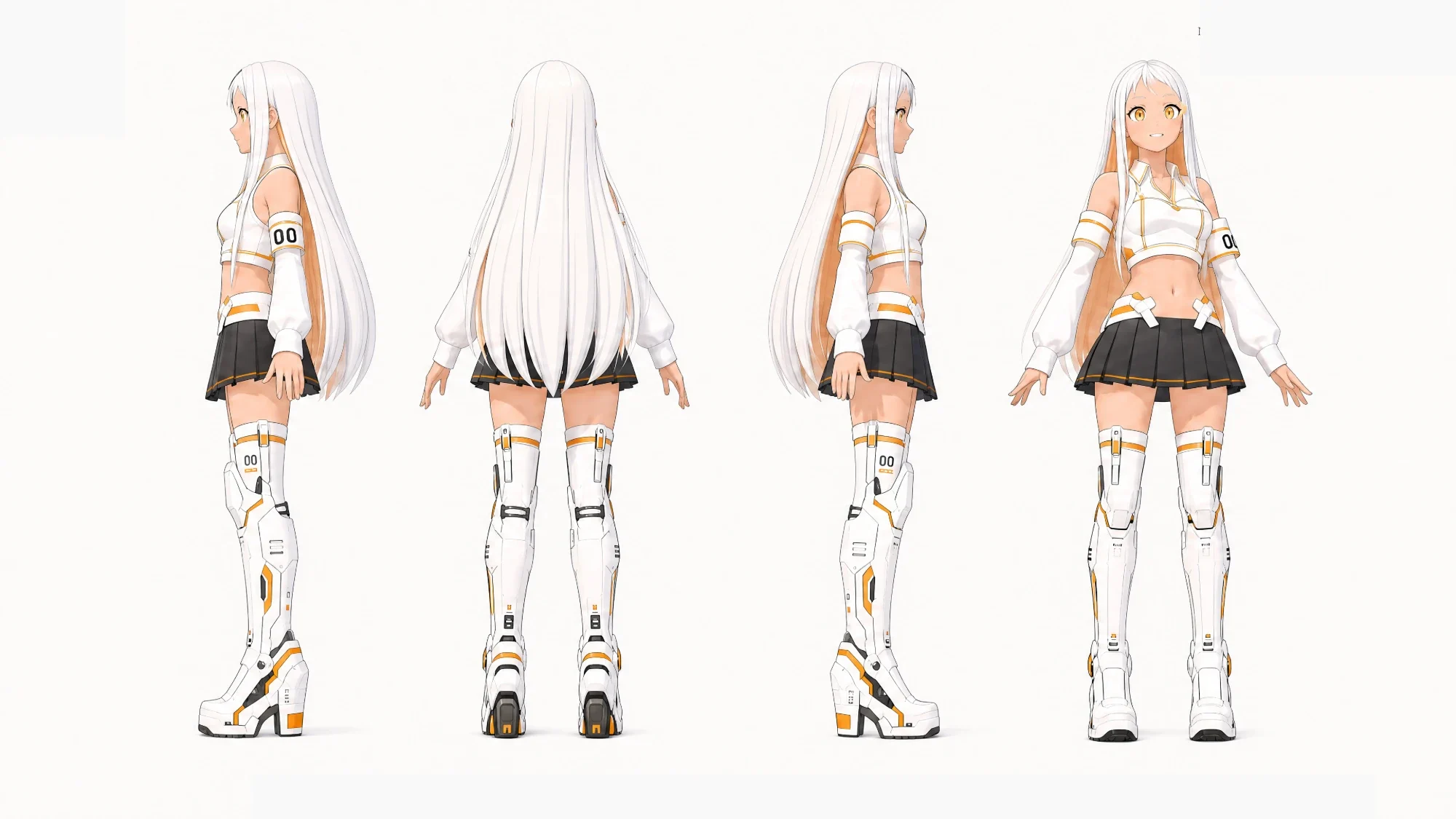 Foxglove’s 3D turnaround: side, back, other side and front, with the same 00 armband, pleated black skirt and white armored boots.
