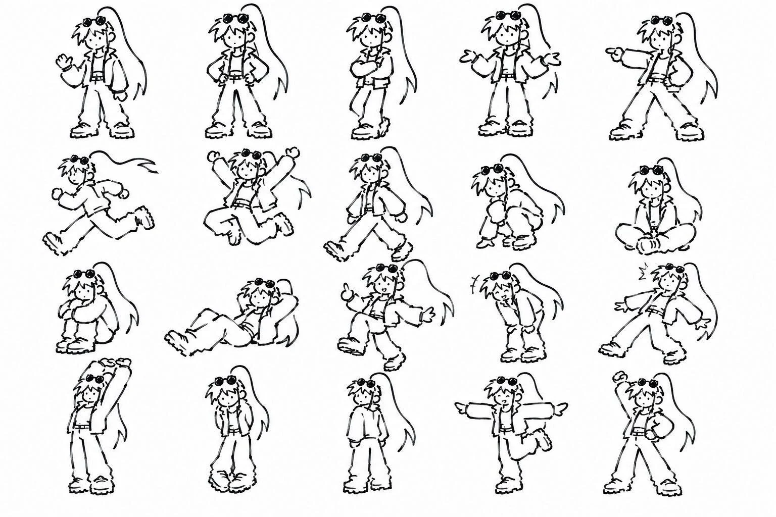 Juniper’s pose sheet: twenty line drawings of her waving, pointing, running, jumping, crouching, sitting, lying down and stretching. The long ponytail and the sunglasses on her forehead are there in every pose.