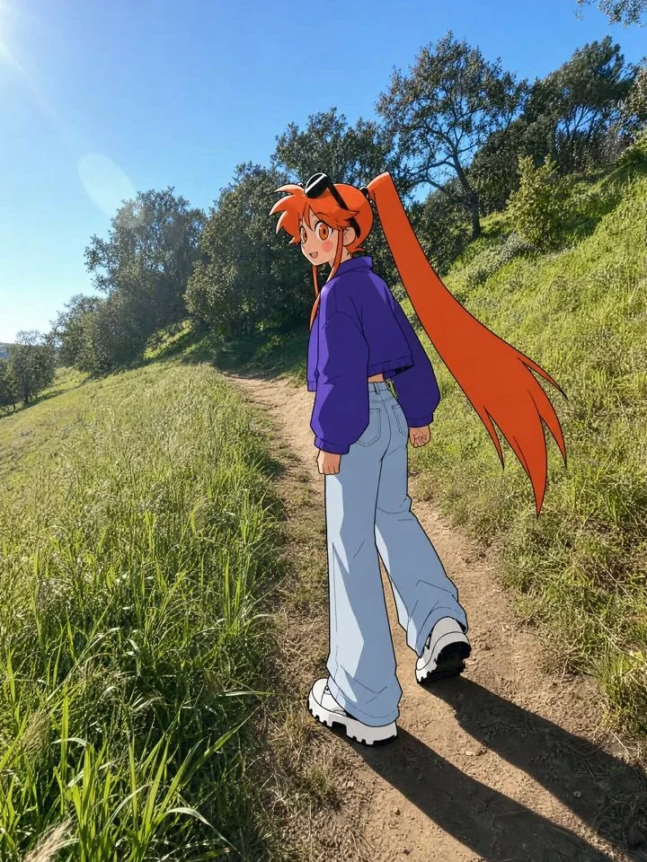 Juniper walking up a dirt trail on a sunny hillside, looking back over her shoulder, in the same purple bomber, light jeans, white shoes and forehead sunglasses.