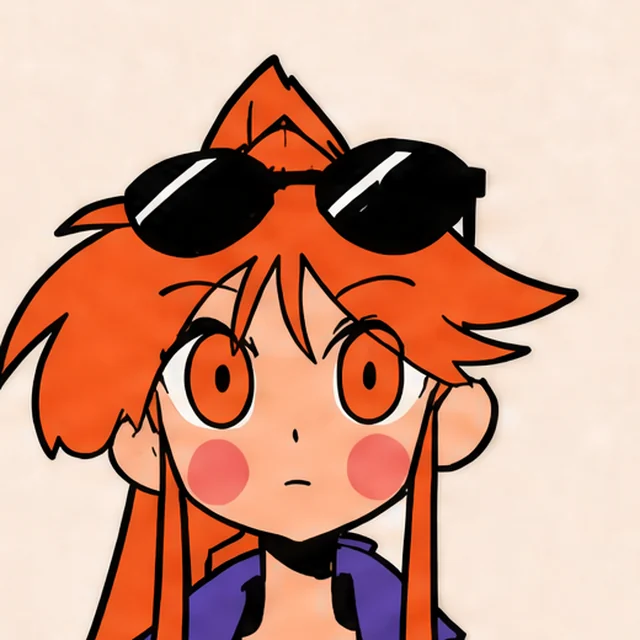 Close-up: black sunglasses pushed up on orange hair.